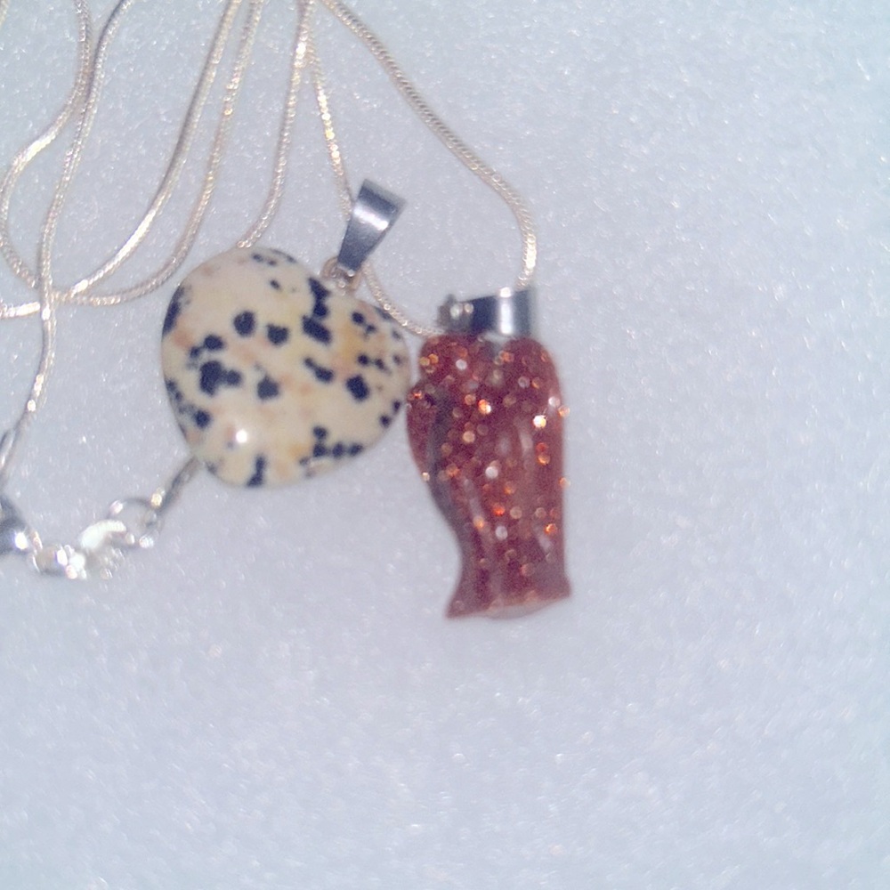 Boho Goldstone Crystal Angel & Dalmatian Jasper Heart Sterling Silver Ne…
